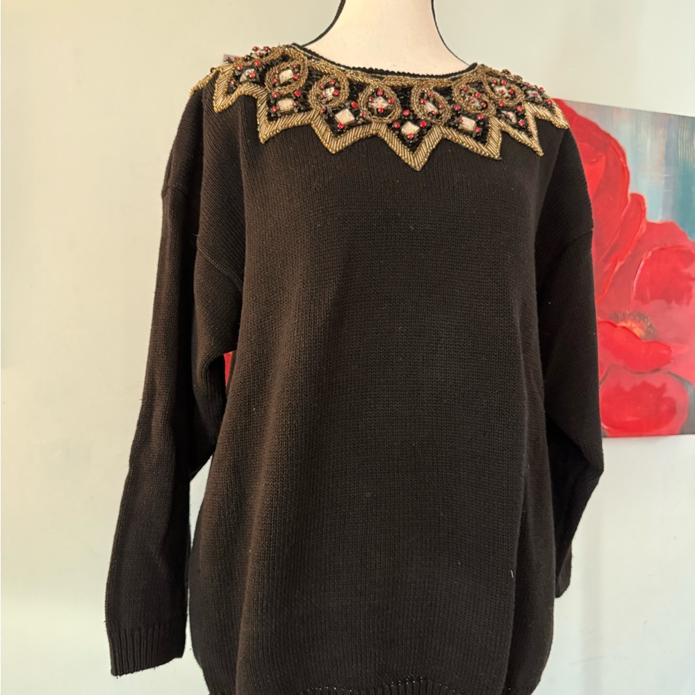 Victoria Harbour Vtg 80s Woman Sweater Top black heavy Bead SZ L Ramie Blend